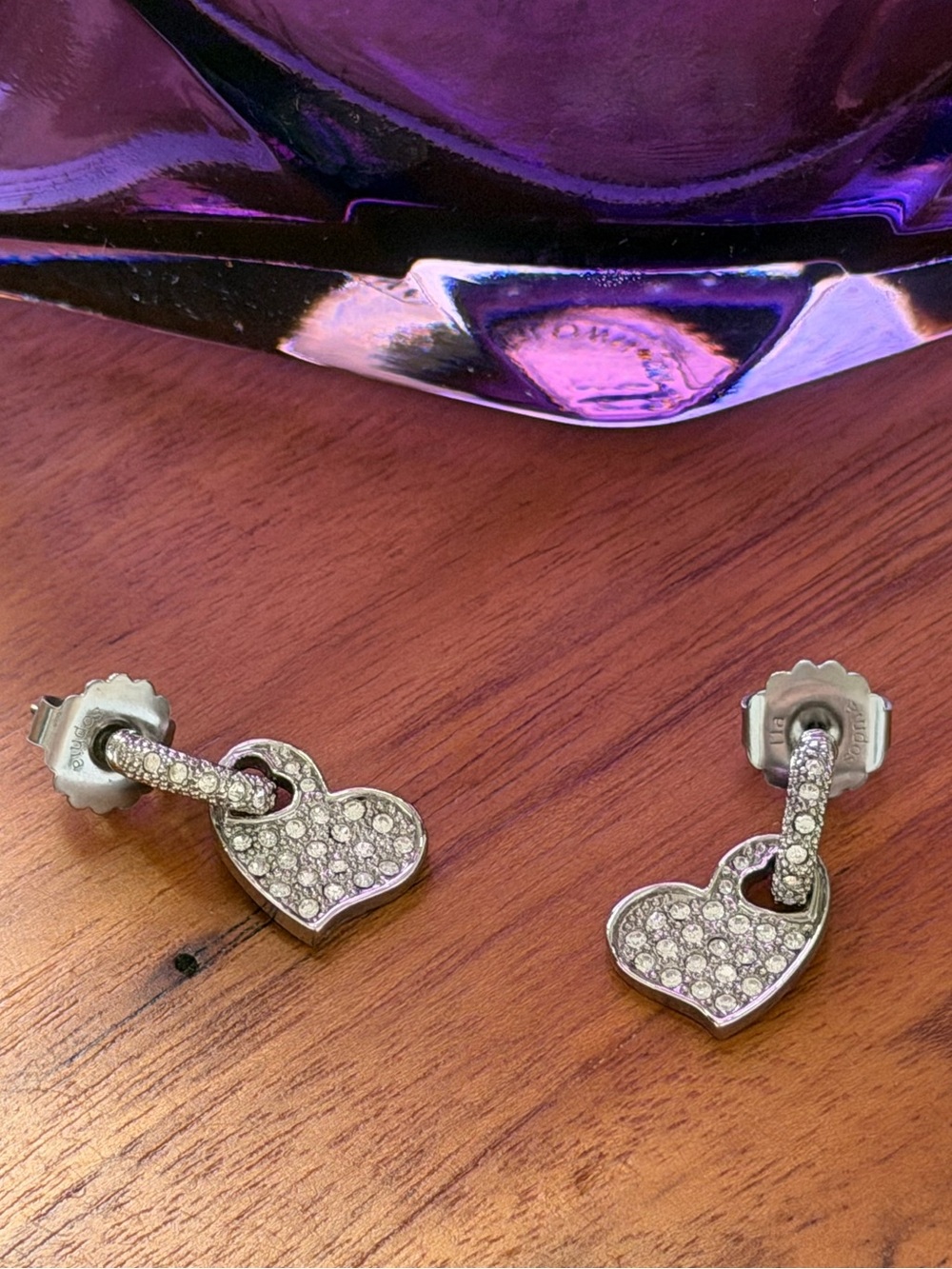 Silver Crystal Heart Drop Stud Earrings